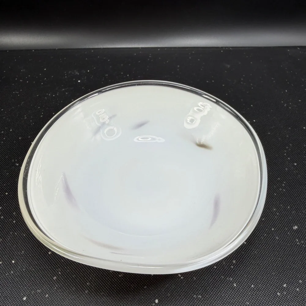 Vintage 1980s Venetian Blown Glass Dish Bowl White with Red Purple Swirls 6 Inch